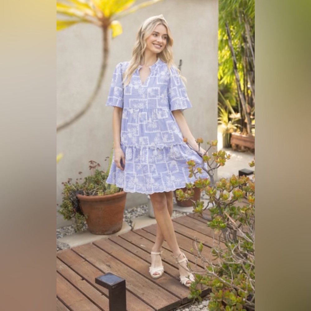 VOY  Striped Dress with Floral Embroidery in Blue and White Small